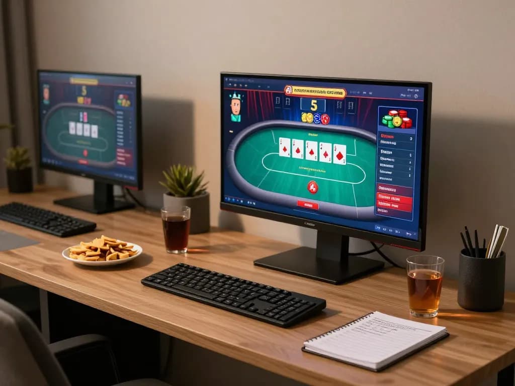 Engaging gameplay on 88aa MVP poker interface with strategic notes nearby, cozy home setup