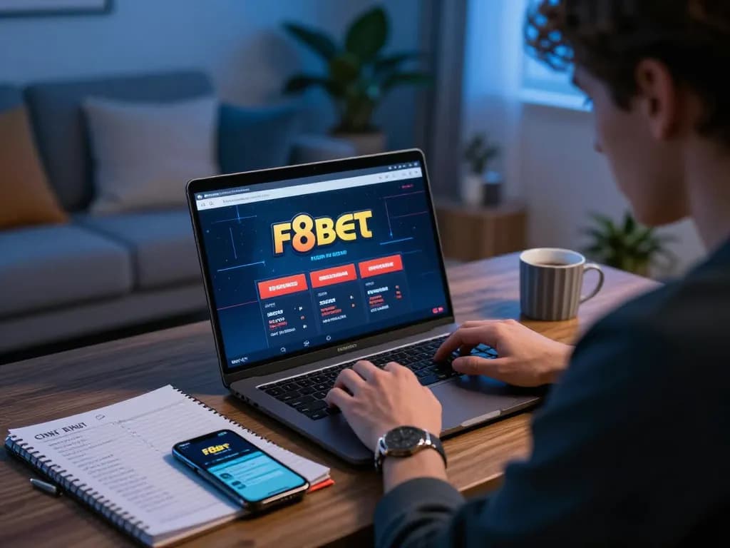 Engaged player navigating F8bet online casino interface on their laptop with strategic notes nearby.