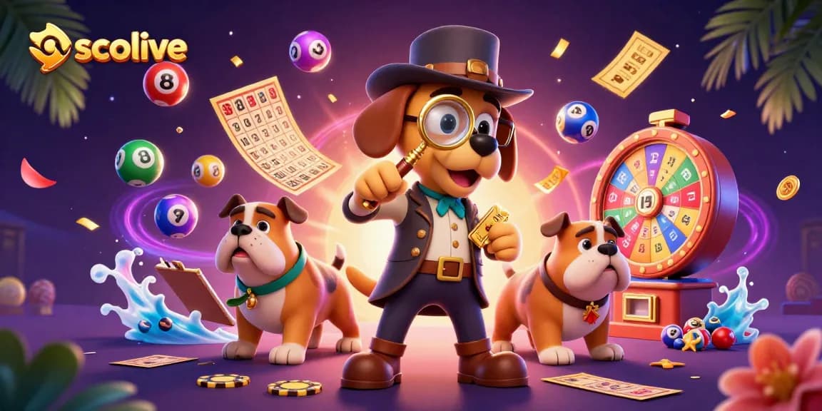 Socolive's 3D detective scene with a bloodhound and bulldog revealing betting clues and casino elements.