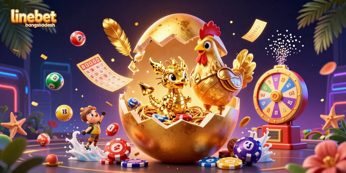 Engage with linebetbangladesh and witness a golden baby dragon amidst a rich casino-themed scene.