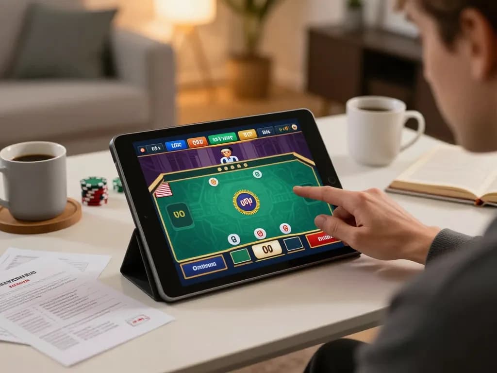 fb88 online gaming experience featuring a player interacting with a live dealer game on a tablet in a cozy home setting.