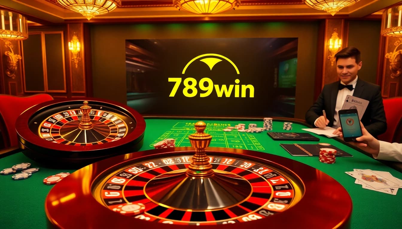 A thrilling gaming scene showcasing 789win with poker chips, a roulette wheel, and a stylish online interface.