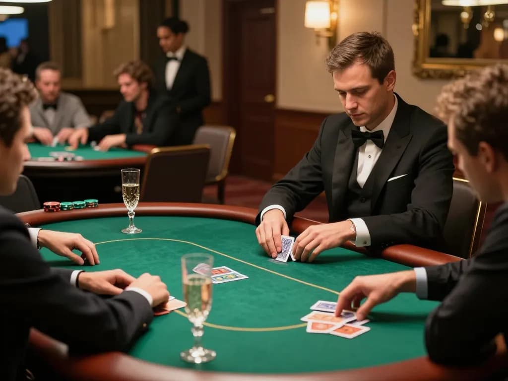 577F players seated at an exclusive poker table in luxury casino setting, engaged in strategic gameplay