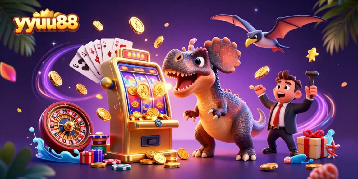 yyuu88 characters celebrate a jackpot win with vibrant casino elements and animated action.