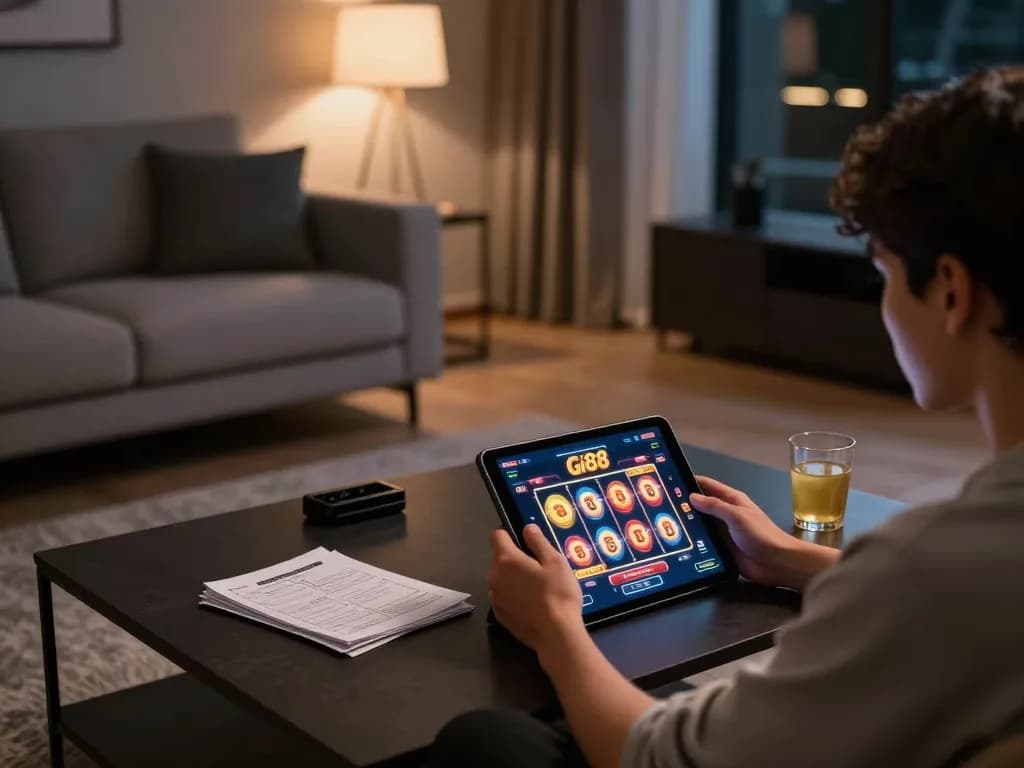 Engaging in a thrilling gi88 slot game on a tablet in a cozy modern living room setup.