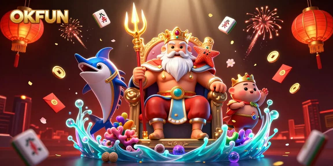 Experience thrilling gameplay with OKFUN's vibrant casino-themed illustration featuring Neptune and lucky symbols.