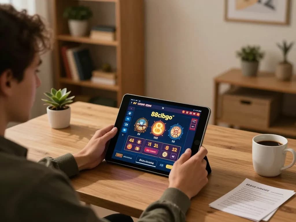 Person enjoying online casino gaming via tablet, showcasing 88clbgo interface in a cozy home setup.