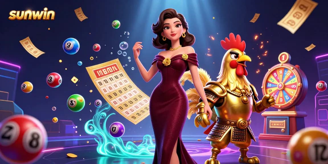 Experience sunwin's thrill with a vibrant 3D casino scene featuring a glamorous player and golden elements.