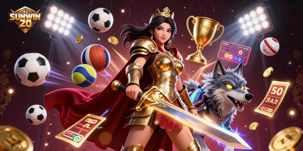 SUNWIN 20 showcases a stunning 3D warrior queen holding a sword, surrounded by dynamic sports elements.
