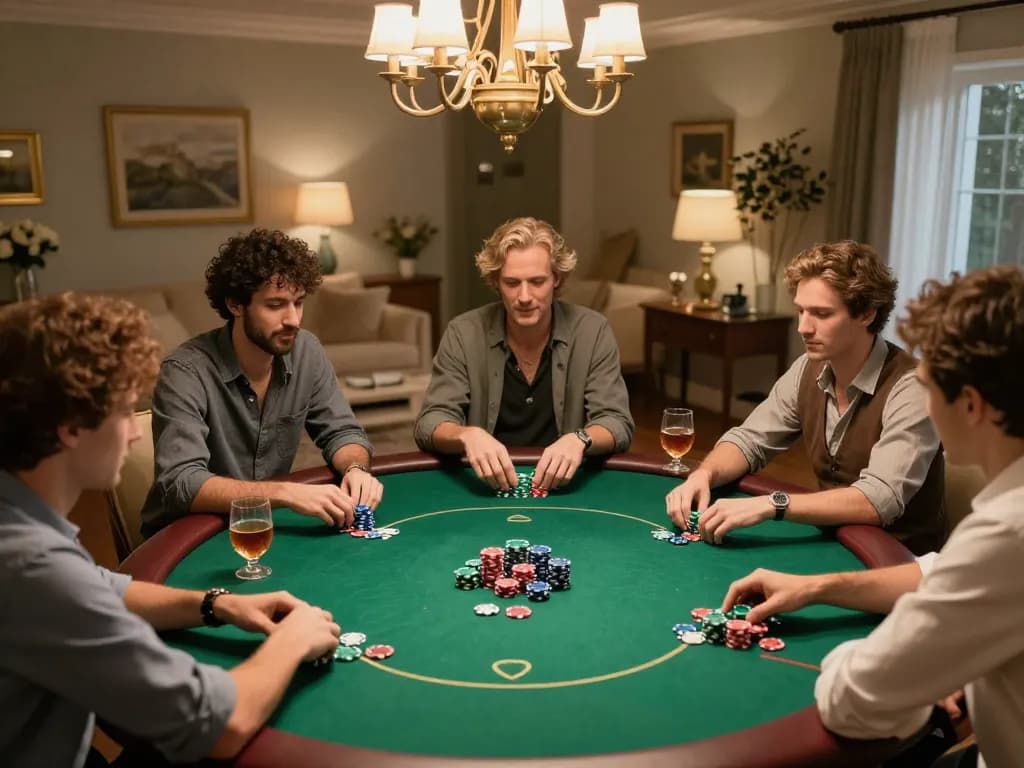 Friends enjoying a poker night at home with strategies at play, featuring ok365 branded poker chips.
