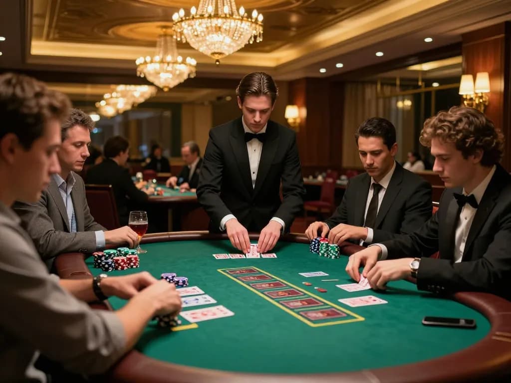 Luckywin blackjack players engaged intensely at a glamorous casino table with vibrant dealer actions.