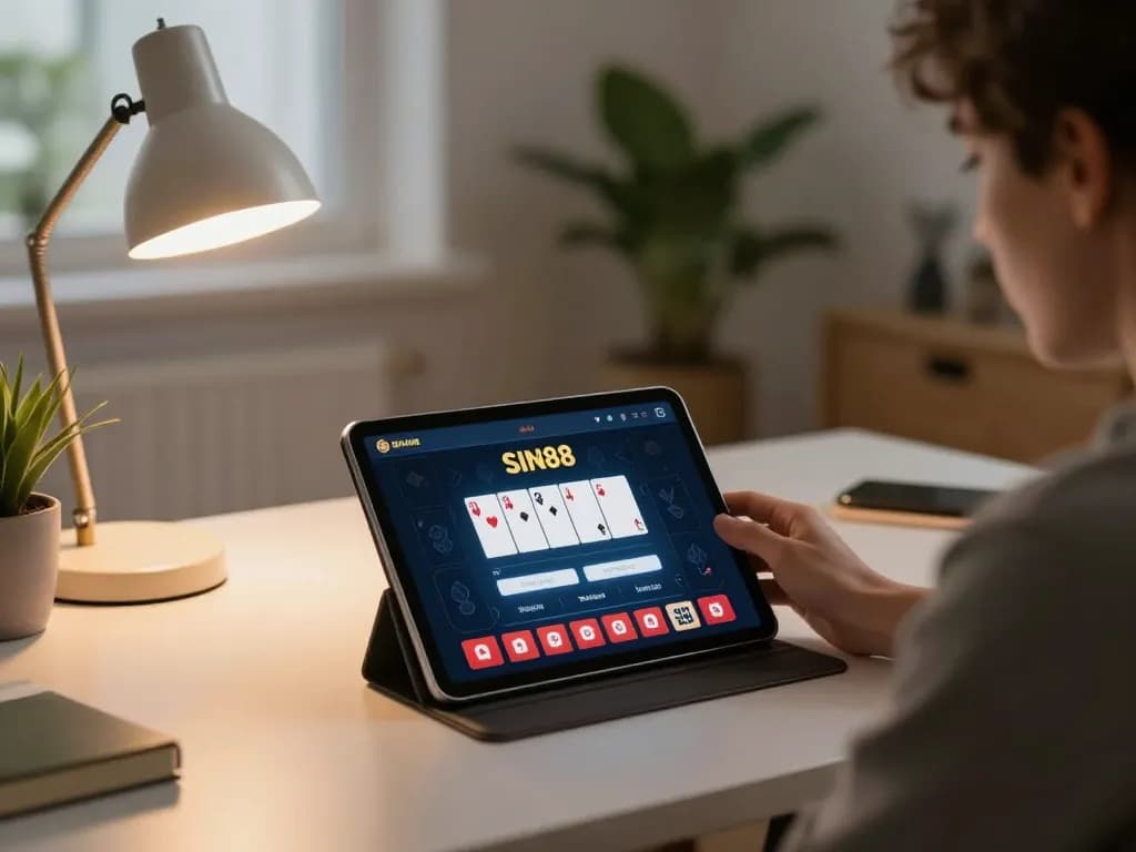 Person performing sin88 login on a tablet during online casino gaming at home, warm lighting.