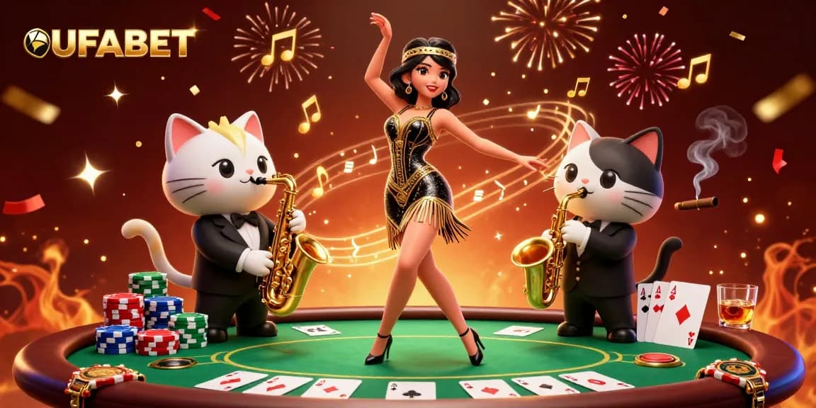 Experience the excitement of UFABET with vibrant casino action and dynamic characters celebrating wins at the poker table.
