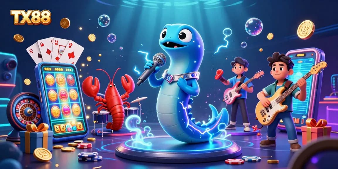 TX88 electric eel DJ performing at an underwater casino amidst vibrant gaming elements.