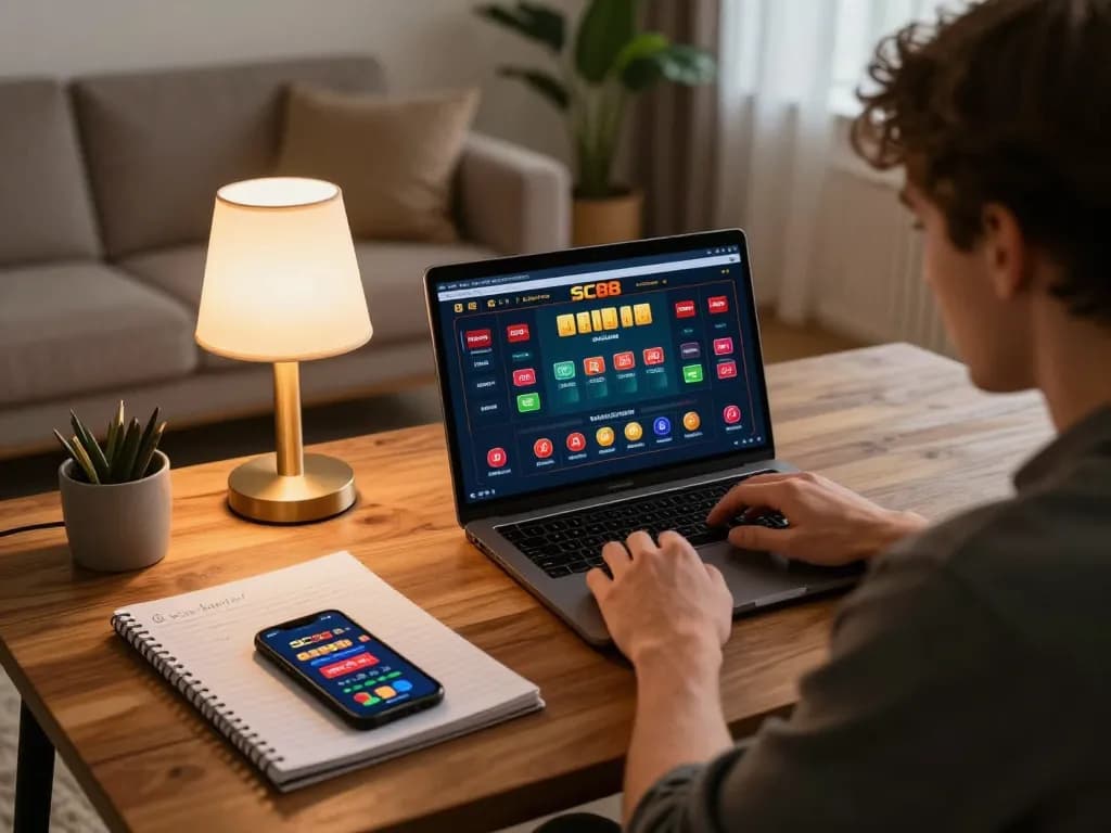 SC88 player analyzing strategy while gaming online at home, focused on relaxed and responsible betting.