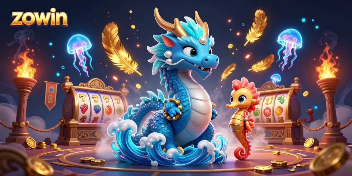 Bet on zman as the azure water dragon spins luck-filled slot reels with neon jellyfish present.