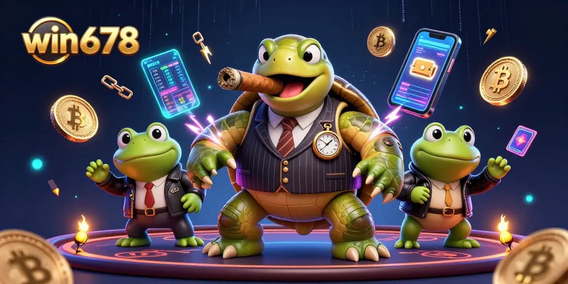 Experience the excitement of win678 gaming with a dazzling casino scene featuring unique characters and crypto elements.
