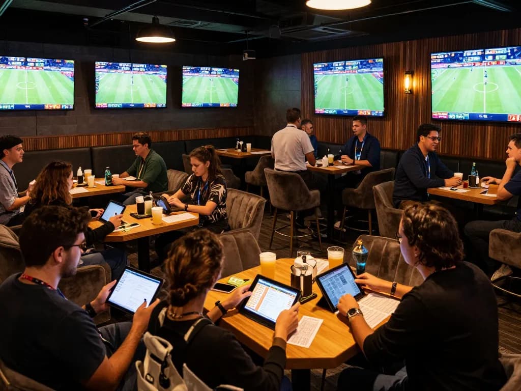 Betting enthusiasts engaging with live sports matches at a vibrant lounge with modern decor and S666 odds