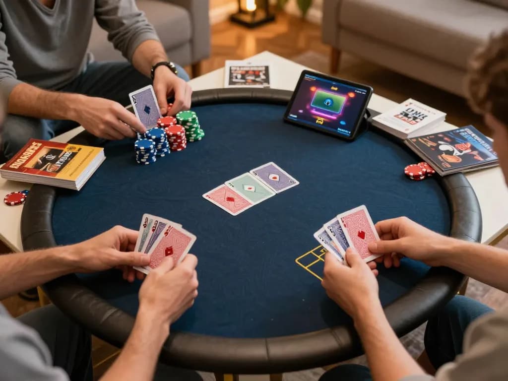 Players enjoying a strategic game at the lc88 club during a home poker night, showcasing engaged gameplay and cozy atmosphere.