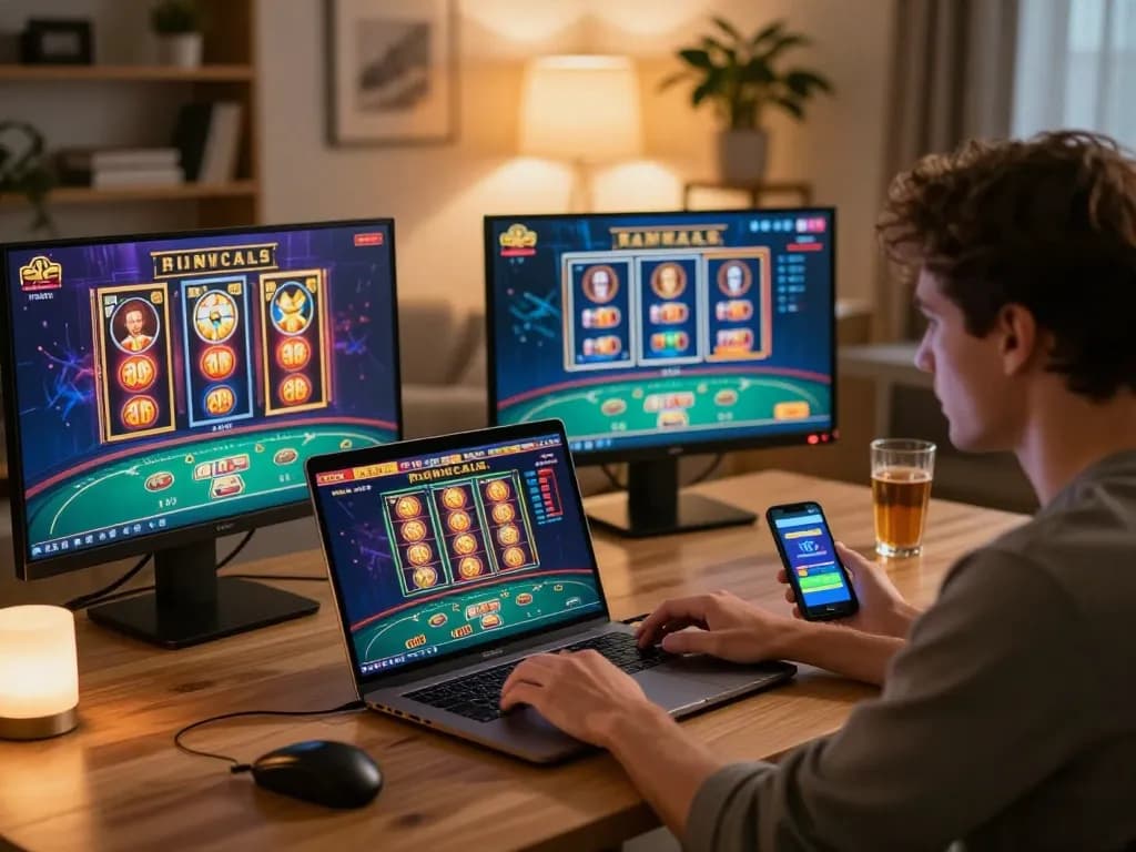 B52Club player engaging with online casino games in a cozy home setup.