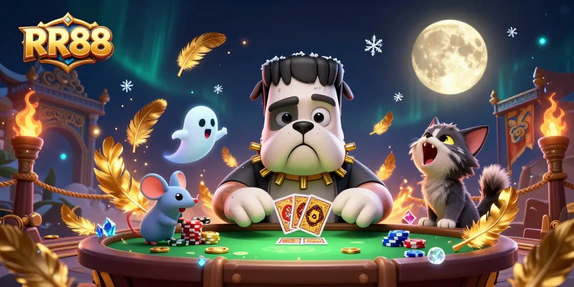 RR88 engages players with a thrilling 3D casino experience, featuring lively characters dealing cards.