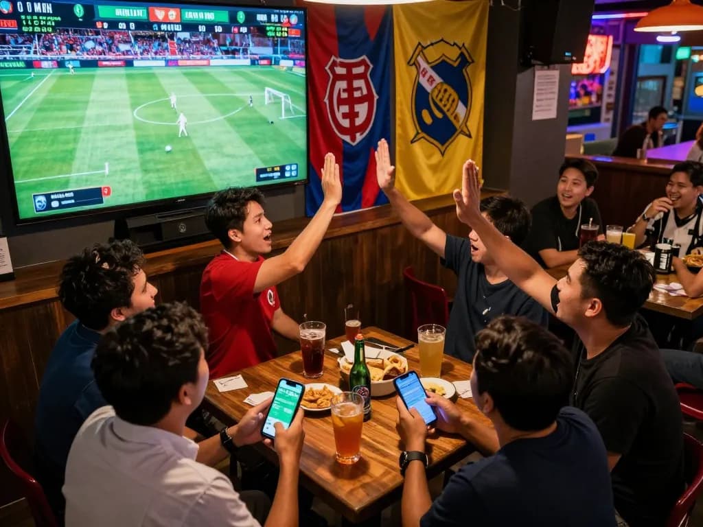 Sports bettors enjoy the thrill of keo nha cai hom nay while watching live football, celebrating wins at a vibrant sports bar.
