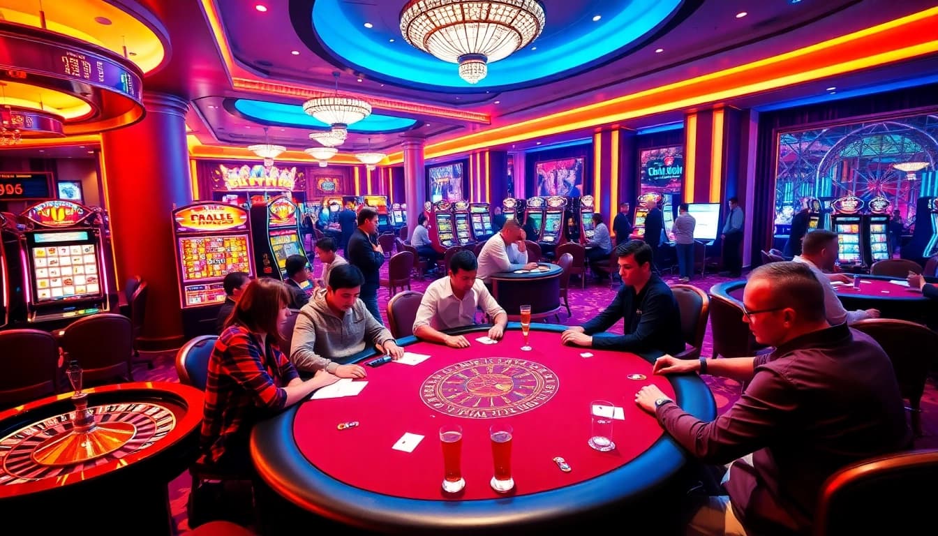 Experience high-stakes gaming action at https://tg88.cafe/ with players at poker tables and exciting slot machines.