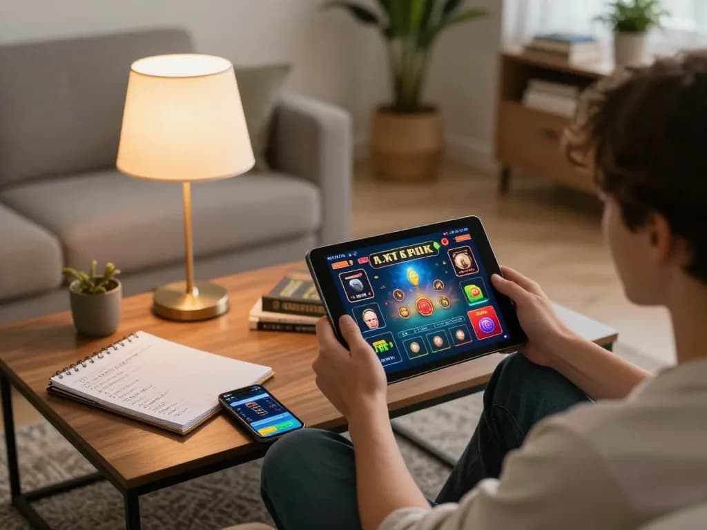 Engaging in online gaming through Nk88 app on tablet amidst a cozy home setting