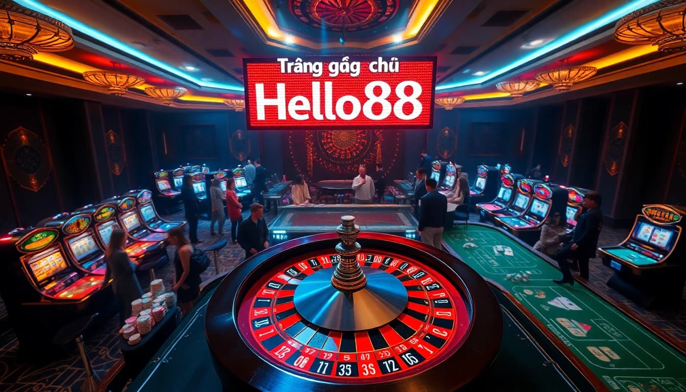 Exciting gambling action at Trang chủ Hello88 with roulette and poker tables, showcasing vibrant casino atmosphere.