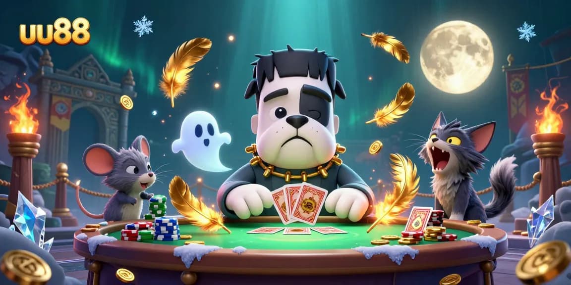 Engage in thrilling gameplay at uu88, featuring a 3D cartoon Frankenstein bulldog monster welcoming players at a spooky casino table.