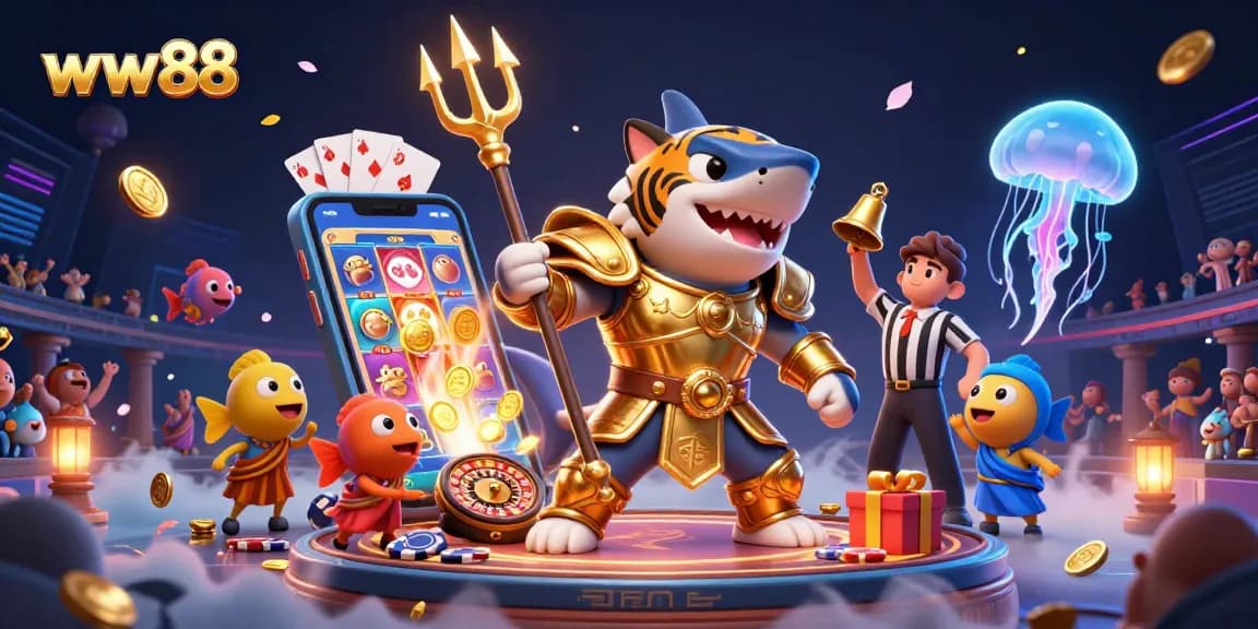 Engage in thrilling gameplay at ww88 with a dynamic scene featuring a shark in gladiator armor amidst golden coins and vibrant slot games.
