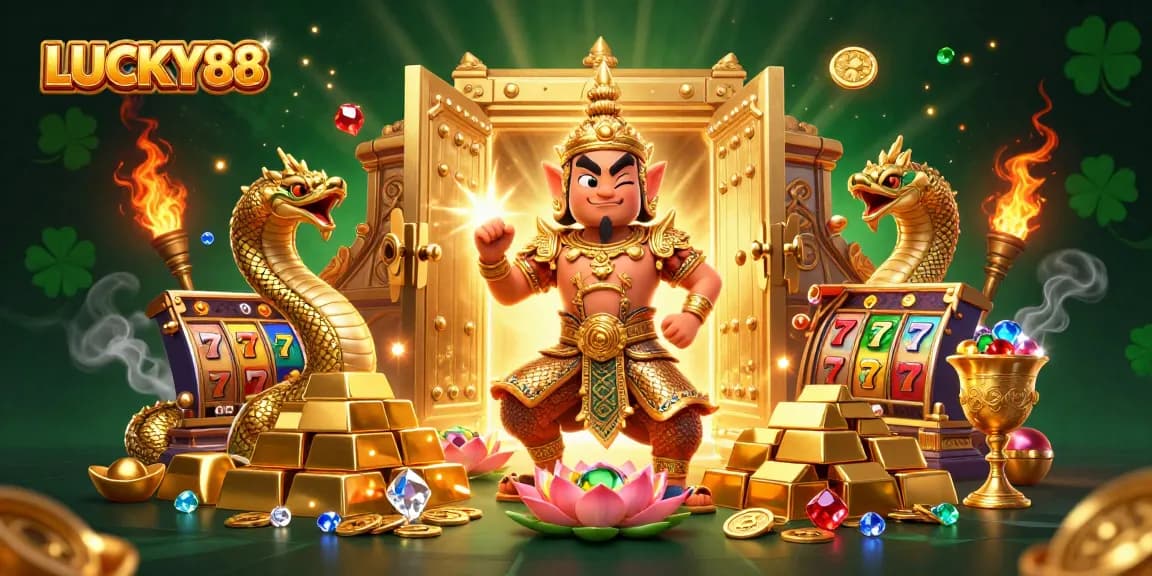 Experience thrilling wins with LUCKY88 in a vibrant 3D casino scene filled with treasures and excitement.