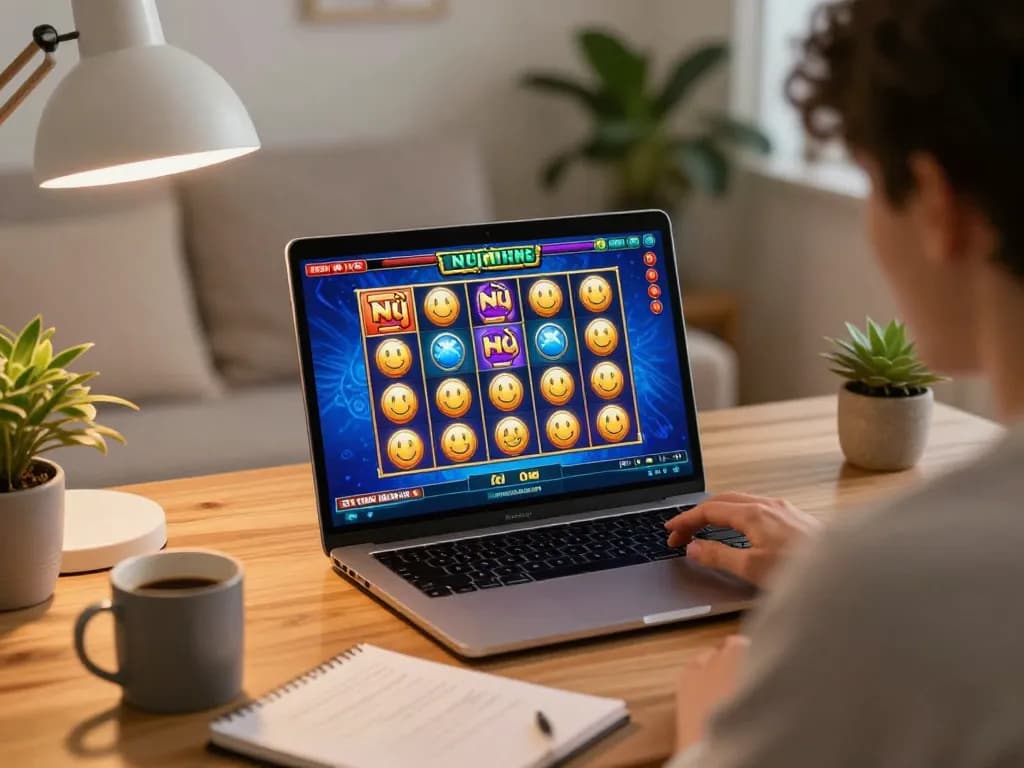 Engaged player spinning a nổ hũ online slot game on a laptop while surrounded by a cozy home environment.