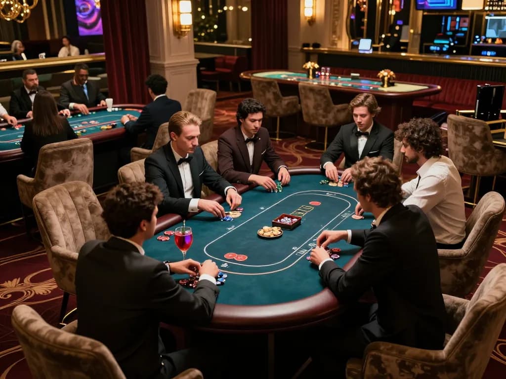 jun88 players engaging in high-stakes poker in a luxury casino VIP area