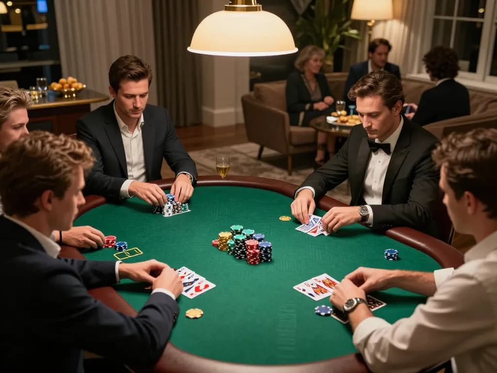 Players at a high-stakes poker night with cm88 chips stacked, showcasing strategic gameplay and lively interaction.