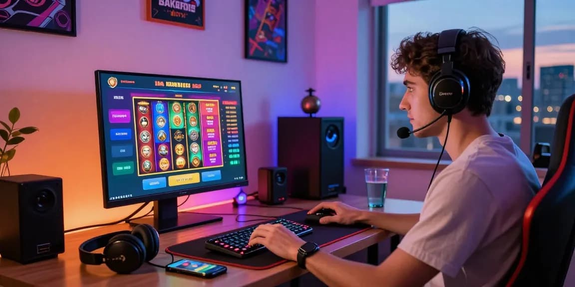 Engaging player at a laptop in a lively home setting, showcasing casinos that accept credit cards with vibrant game visuals and promotional offers.