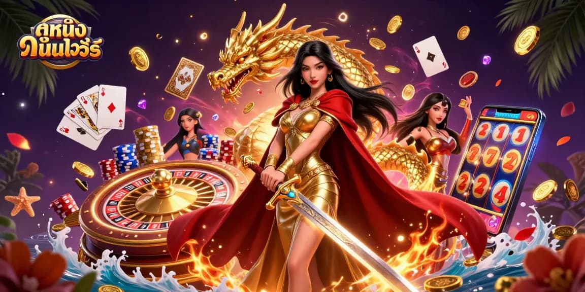 Play ดูหนังออนไลน์ with stunning visuals, showcasing a warrior queen and golden treasures in a dynamic online casino.