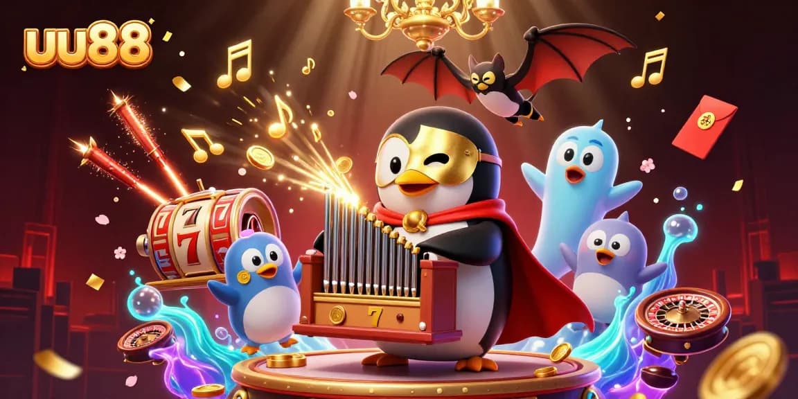 Spin to win at uu88 with a dynamic scene featuring a phantom penguin and festive casino elements