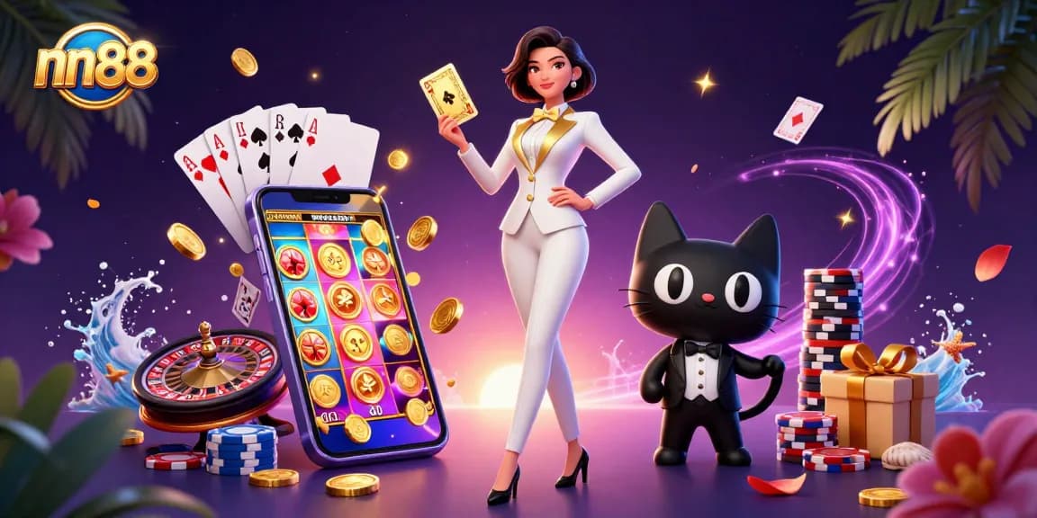 Win big with nn88's thrilling casino scene, featuring stylish characters and vibrant game elements.