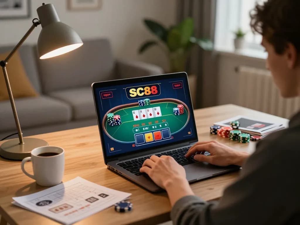 Engaging in SC88 online poker strategy with chips and cards visible on laptop screen.