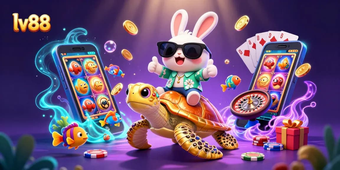 Experience fun with lv88, featuring a lucky rabbit and golden sea turtle in a vibrant casino scene.