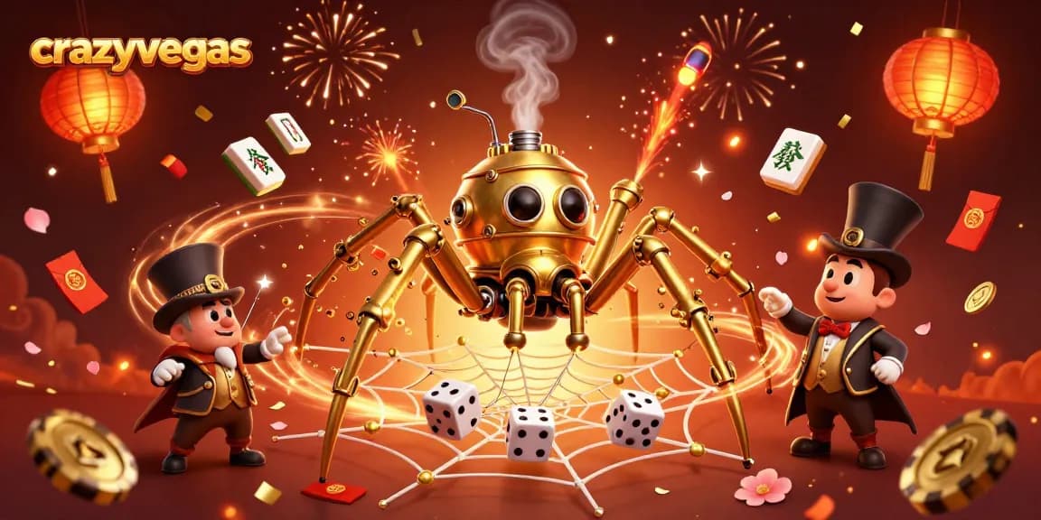 Experience the dynamic action at crazyvegas with a steampunk spider, winning poker chips, and festive confetti.