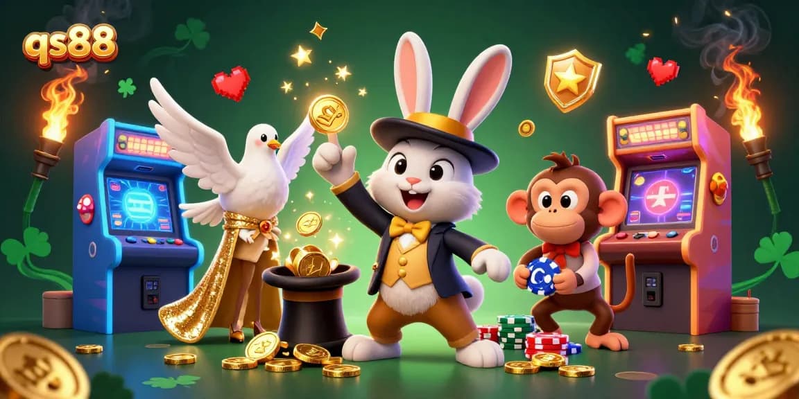 Experience the thrills of qs88 as a magician rabbit conjures golden coins amidst vibrant casino elements.