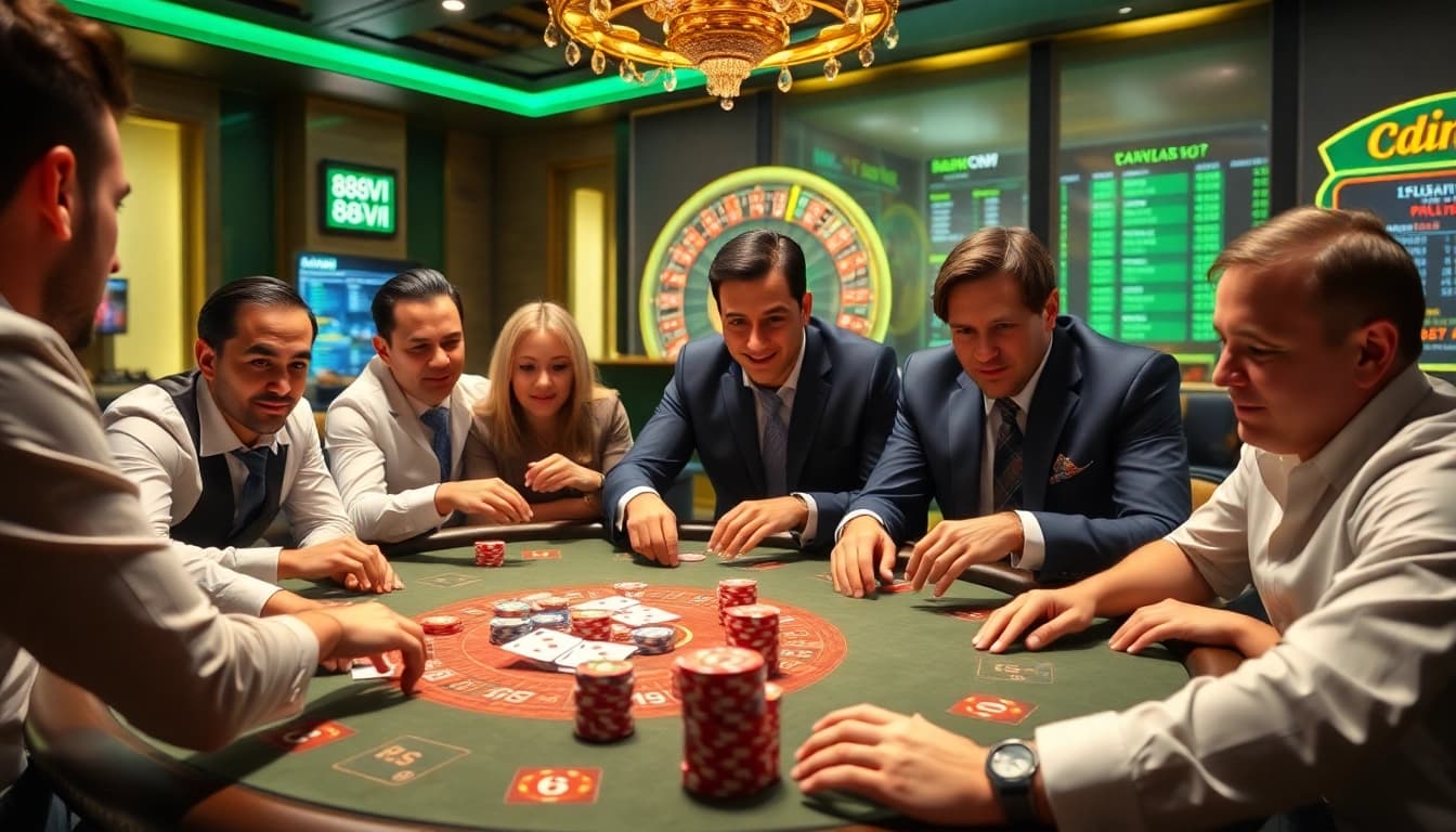 Exciting poker game scene at 888VI casino, showcasing vibrant chips and cards.