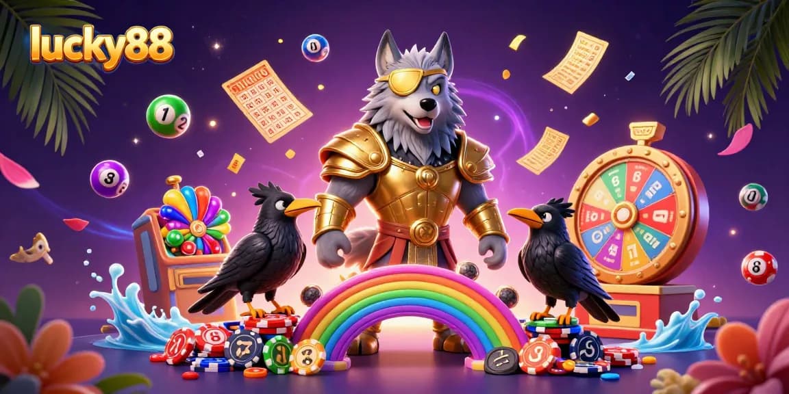 Experience the excitement of lucky88 with colorful lottery elements and Norse mythology characters in a captivating 3D scene.