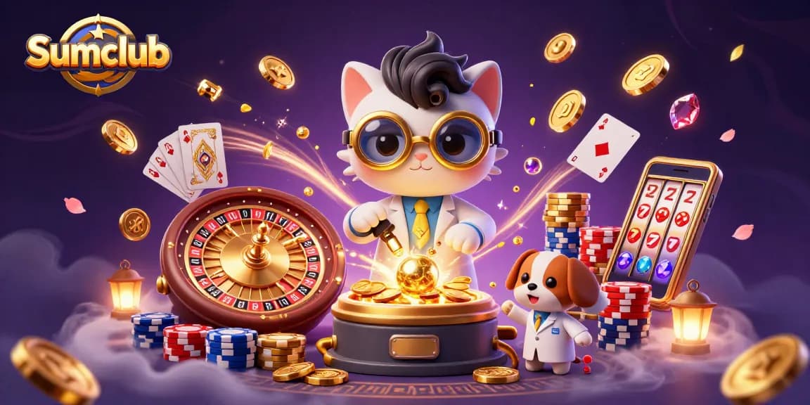 Sumclub players enjoying a vibrant casino atmosphere with coins, cards, and games