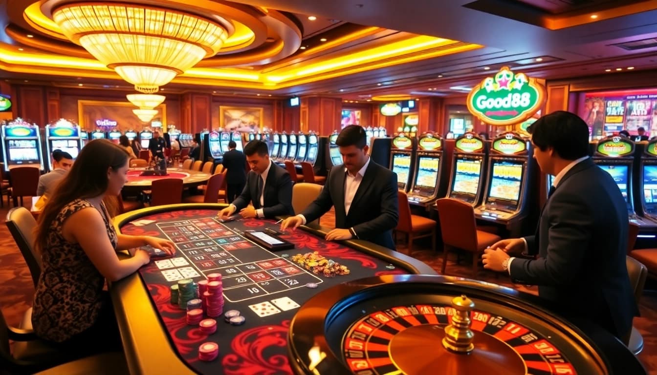Good88 casino table with dealers engaging players in a vibrant gambling atmosphere.