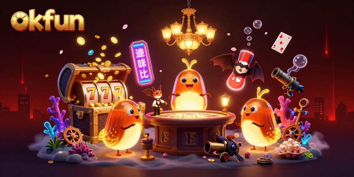 Experience thrilling gameplay with okfun in this vibrant casino scene featuring lively glowworms and slot machines.