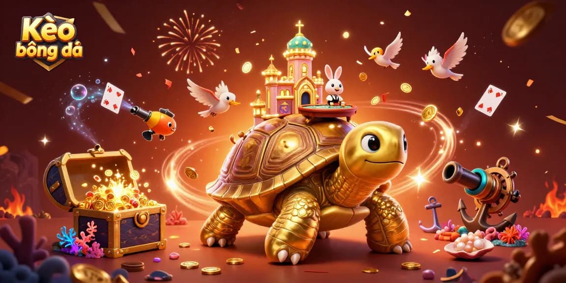 Experience exciting Kèo bóng đá action with a thrilling casino scene featuring a golden tortoise and lively rabbits.