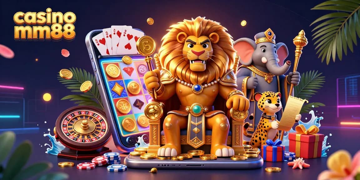 Experience the thrill of casino mm88 with a vibrant 3D lion king, games, and treasures.